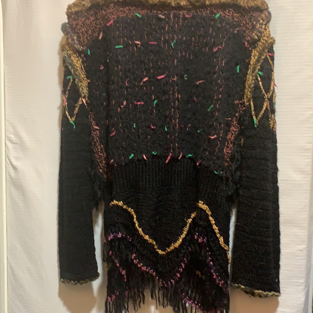 RARE/UNIQUE VINTAGE FLASHBACK RETRO SZ L FUZZY KNIT JACKET:BLACK/MULTI+ FRINGE - Picture 8 of 12